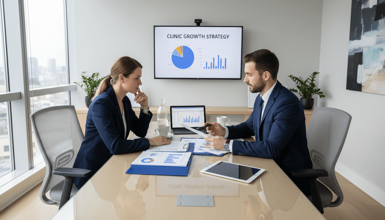 Financial advisor and clinic owner discussing financial architecture strategy