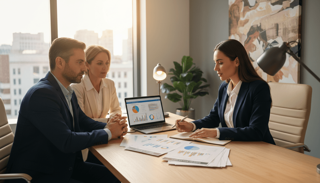 Professional financial advisor reviewing clinic financial documents at modern office desk with warm lighting