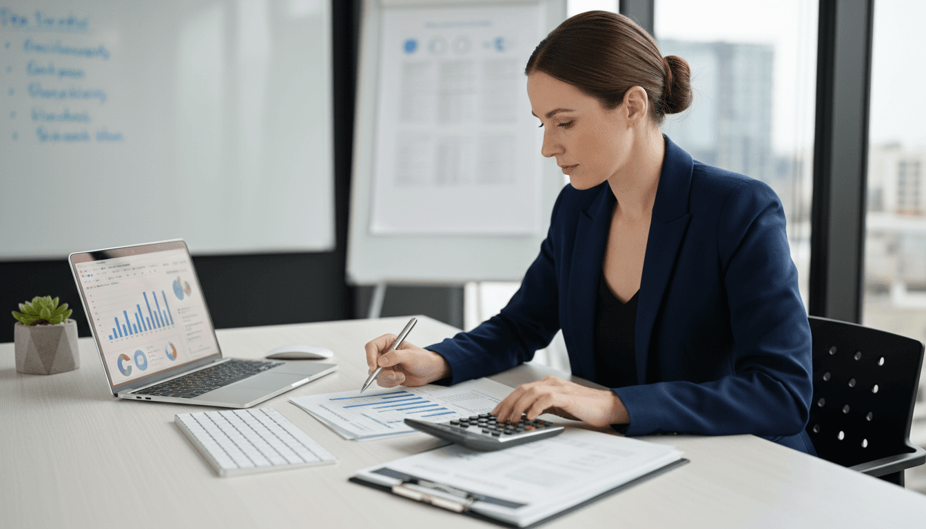Financial advisor analyzing clinic business finances and tax structure at desk