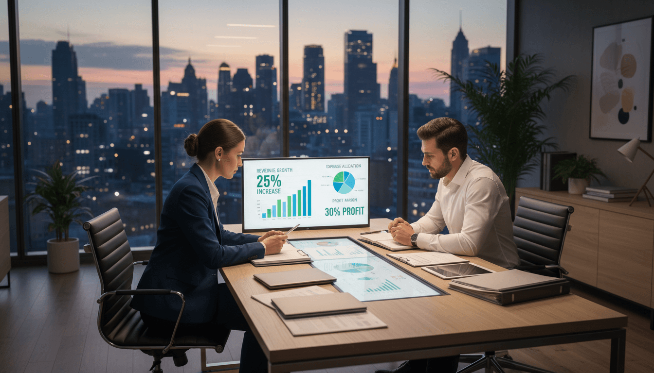 Financial advisor and clinic owner in professional consultation reviewing financial strategy documents