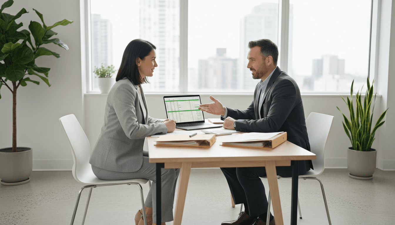 Financial advisor and clinic owner reviewing financial structure at desk