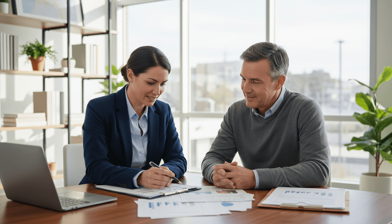 Professional consultant discussing financial strategy with client at desk