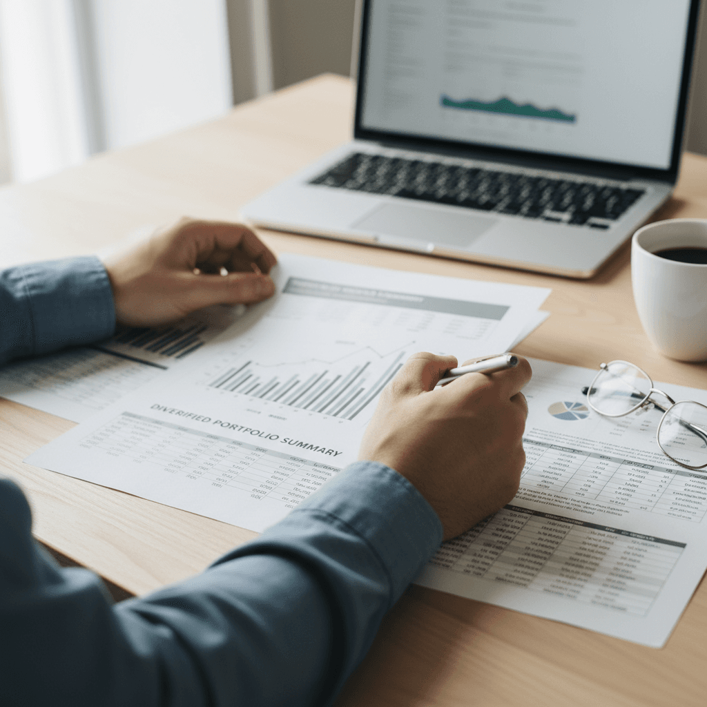Financial advisor reviewing clinic financial documents at professional office workspace