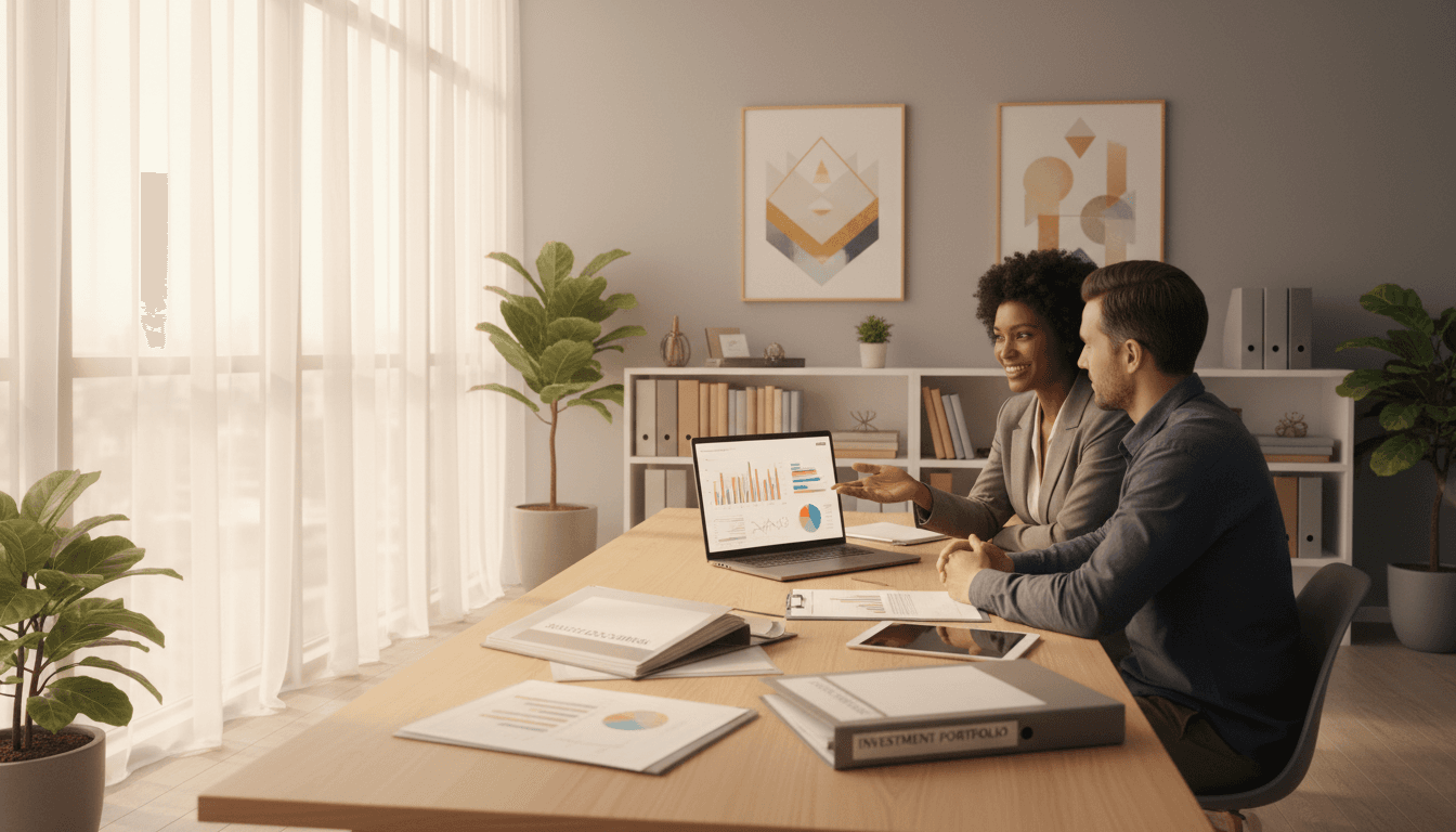 Financial advisor and clinic owner in consultation discussing financial strategy